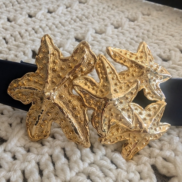 Vintage Mimi Di N 1989 24K Gold Plated Starfish Two Piece Buckle & Leather Belt - Picture 1 of 11